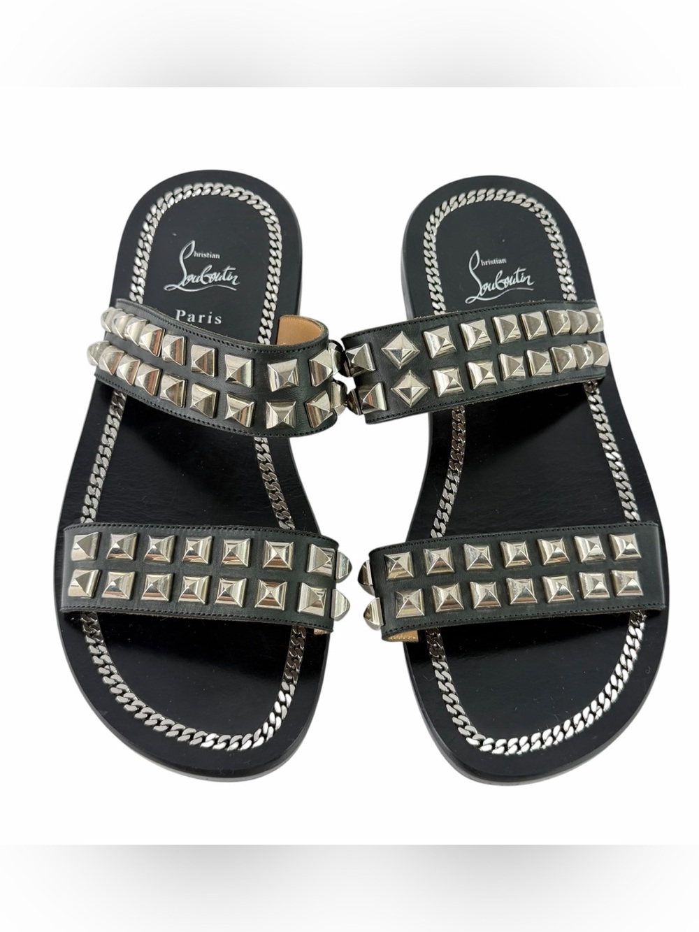 CHRISTIAN LOUBOUTIN Black Leather Cadena Beach Flat Studded Sandals 40.5-10.5US